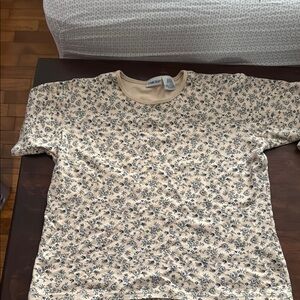 Coldwater Creek Cream and Green Floral Short Sleeve Tee